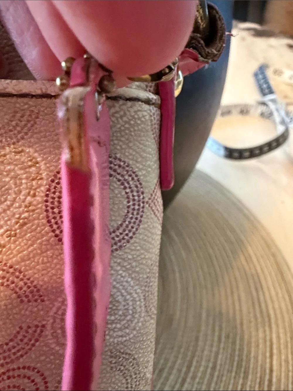 Coach Y2K Waverly Op Art Beige Crossbody with Pink Heart Motif Guitar Strap